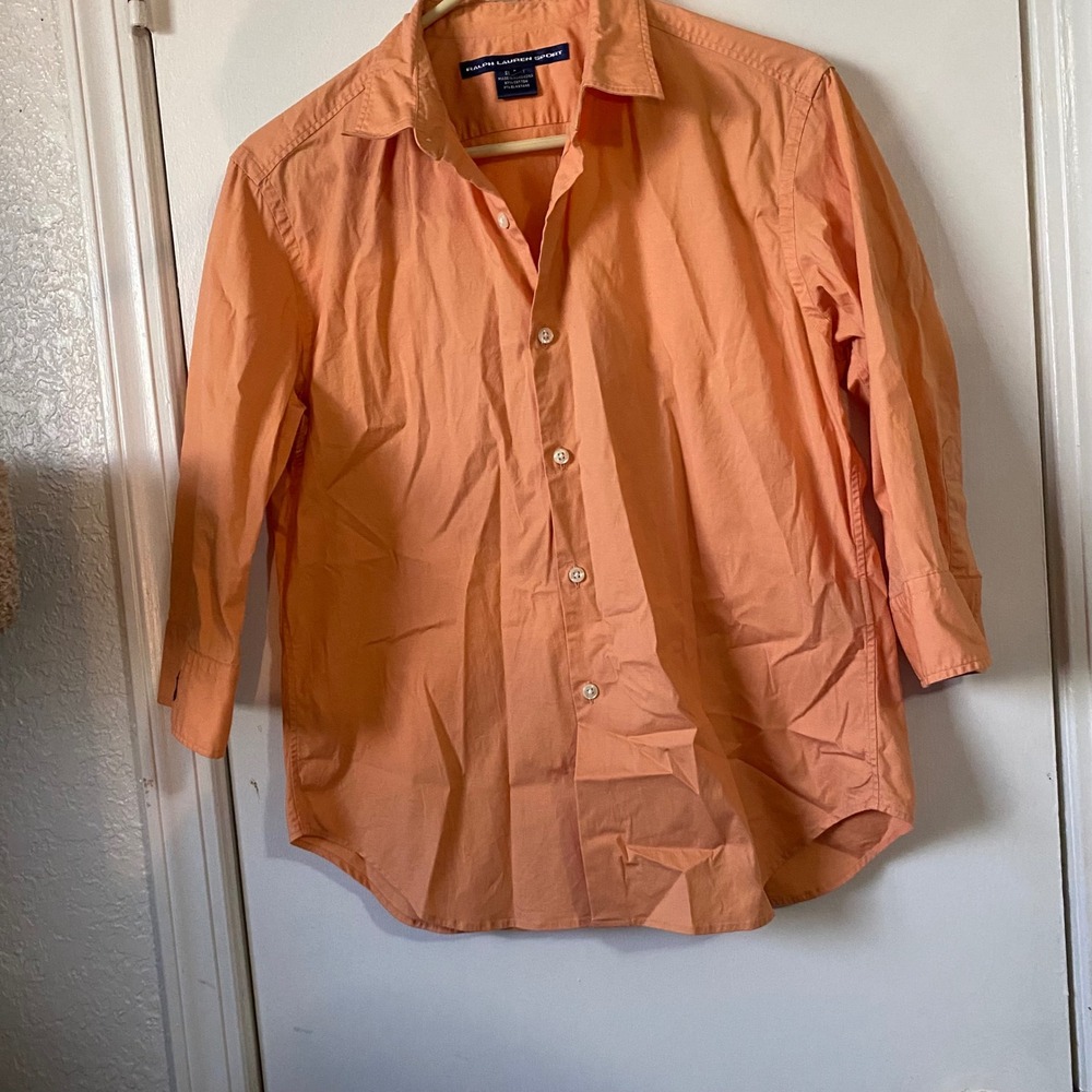 Ralph Lauren Sport Shirt Womens L Button Down 3/4 Sleeve Peach Slim Fit‎